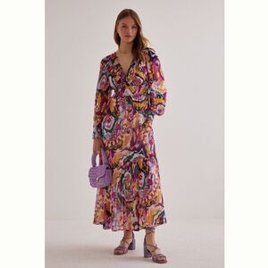 Anthropologie The Odetta Ruffled V-Neck Dress Pink Floral